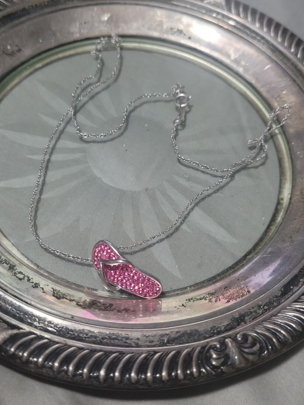 Sterling Silver Chain Necklace with Pink Pavé Flip-Flop Pendant